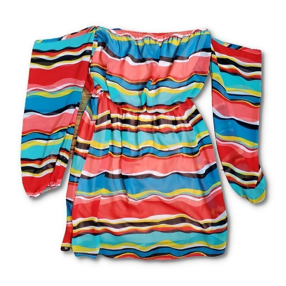 🚨016 Rachel Kate 3/4 Sheer Sleeve Off Shoulder Stripe Tunic Top